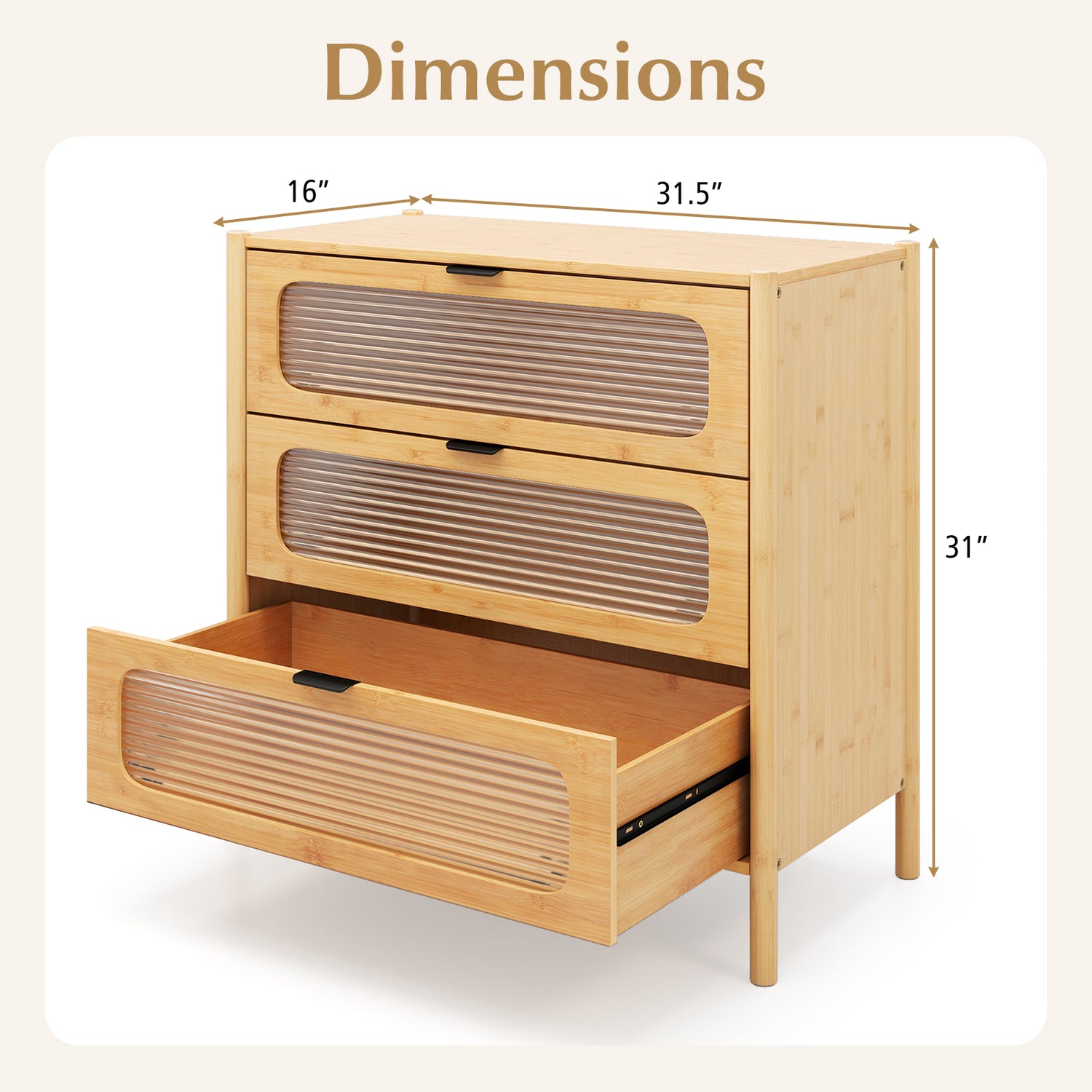 3 Drawer Mid Century Modern Chest of Drawers with Reeded Tempered Glass Front-Natural