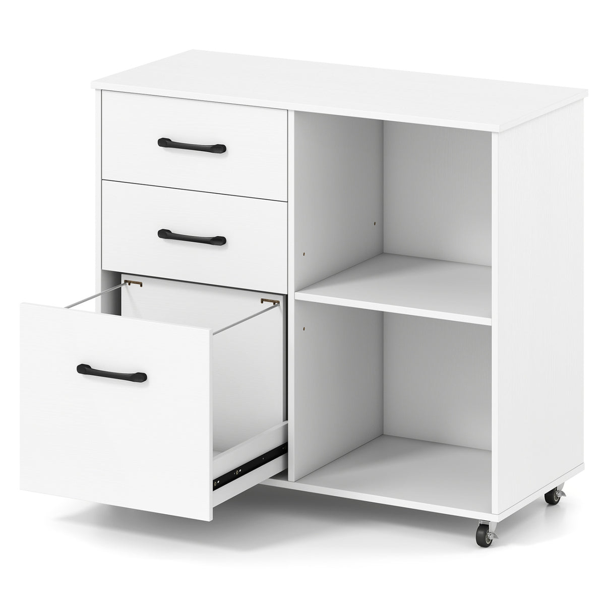 3-Drawer Mobile File Cabinet with Open Storage Shelves and Wheels for Letter A4 Size-White