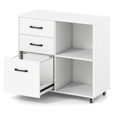 3-Drawer Mobile File Cabinet with Open Storage Shelves and Wheels for Letter A4 Size-White