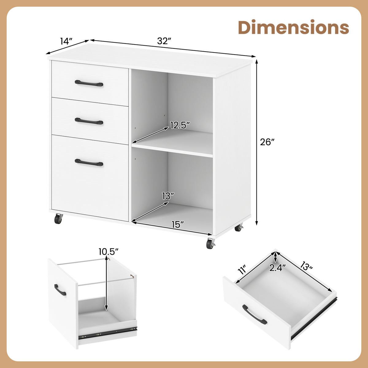 3-Drawer Mobile File Cabinet with Open Storage Shelves and Wheels for Letter A4 Size-White