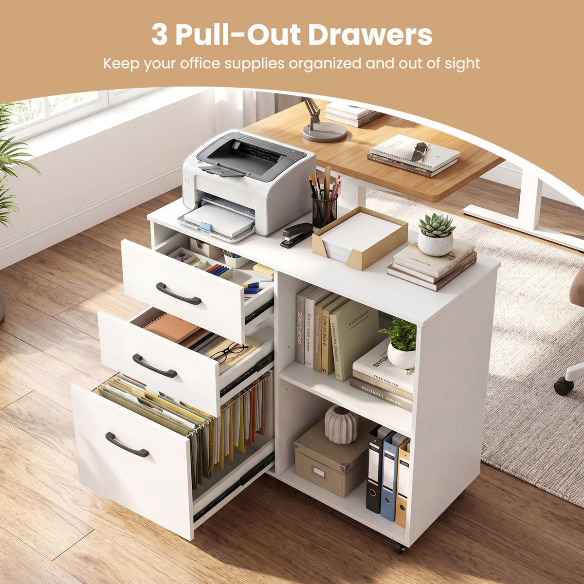 3-Drawer Mobile File Cabinet with Open Storage Shelves and Wheels for Letter A4 Size-White