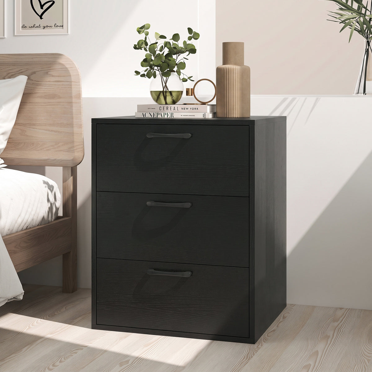 3 Drawer Nightstand with Wood Grain Finish and Storage for Living Room Bedroom Study