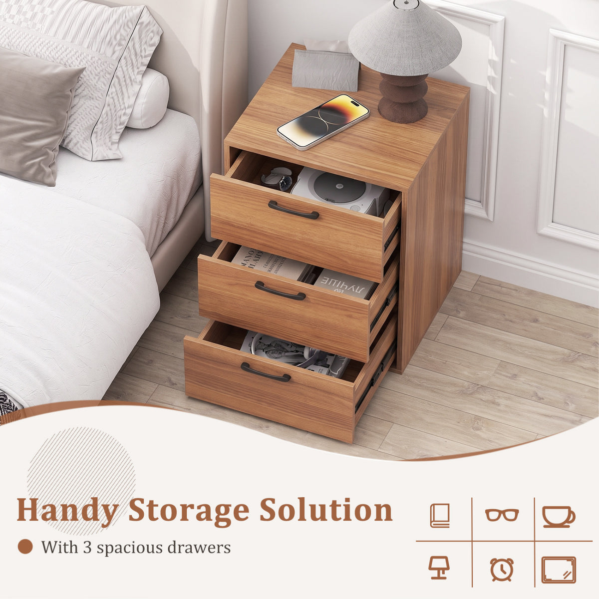 3 Drawer Nightstand with Wood Grain Finish and Storage for Living Room Bedroom Study