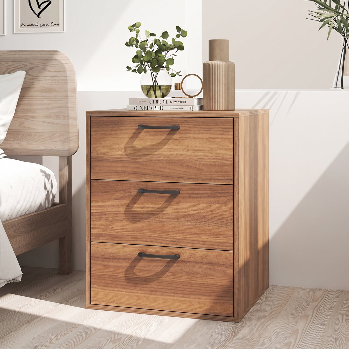 3 Drawer Nightstand with Wood Grain Finish and Storage for Living Room Bedroom Study