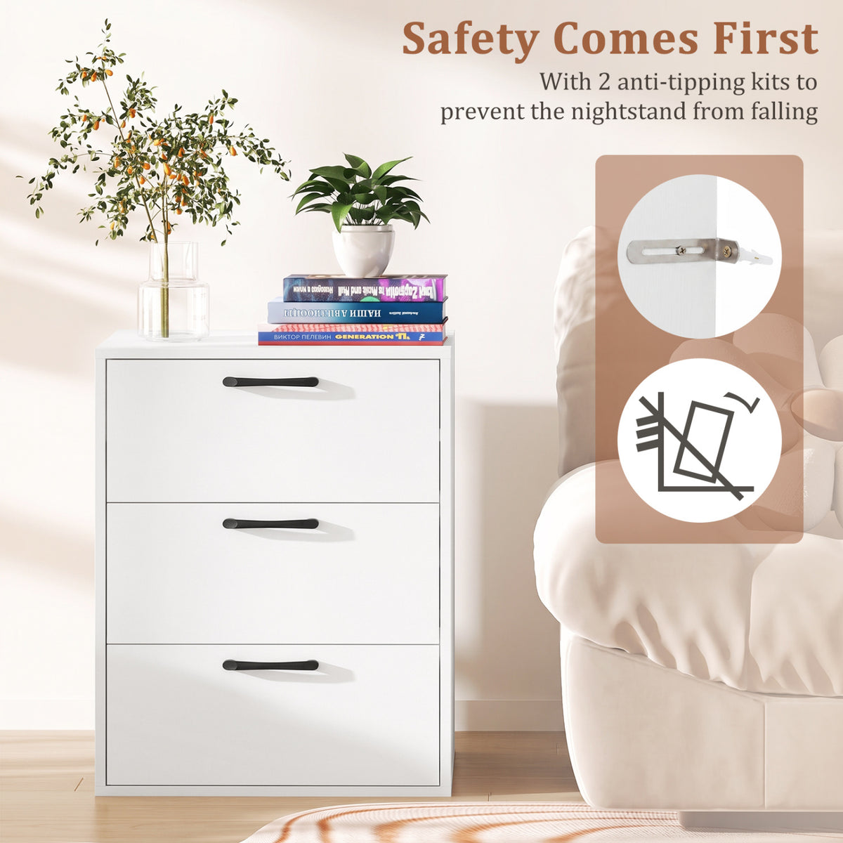 3 Drawer Nightstand with Wood Grain Finish and Storage for Living Room Bedroom Study