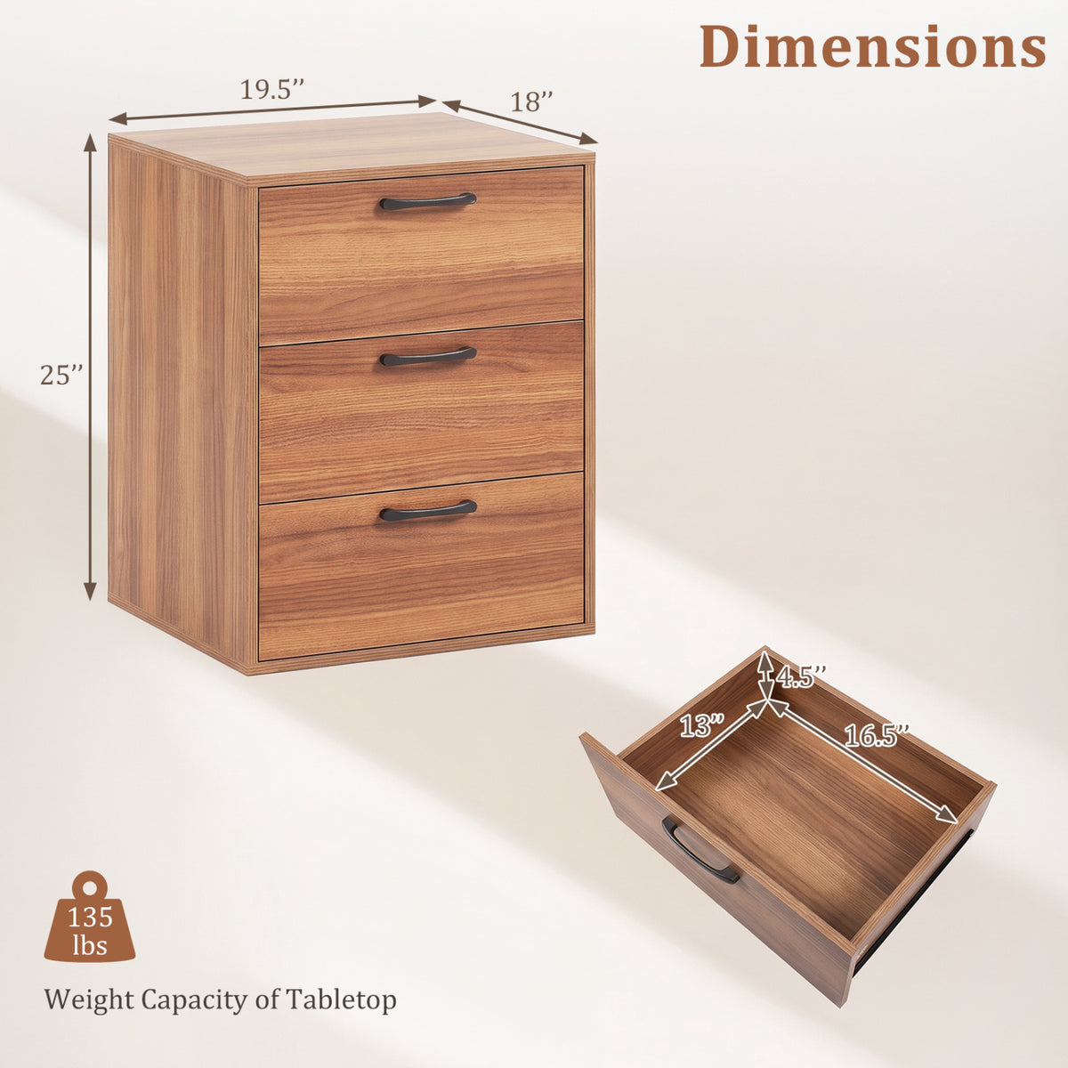 3 Drawer Nightstand with Wood Grain Finish and Storage for Living Room Bedroom Study