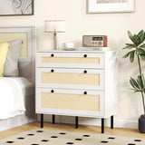 3-Drawer Rattan Nightstand Boho Chest of Drawers for Bedroom-White
