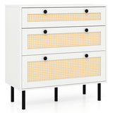 3-Drawer Rattan Nightstand Boho Chest of Drawers for Bedroom-White