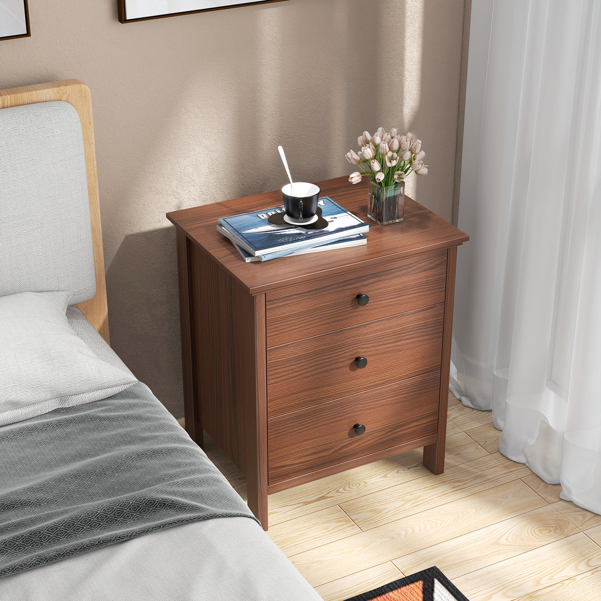 3-Drawer Wooden Nightstand Modern Bedside Table