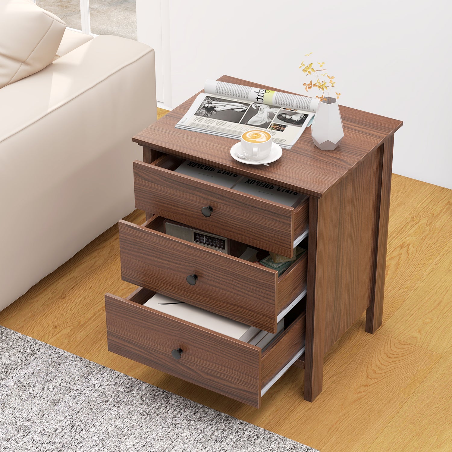 3-Drawer Wooden Nightstand Modern Bedside Table