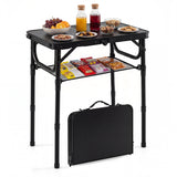 3-Height Folding Camping Table with Large Storage Net & Handle-Black