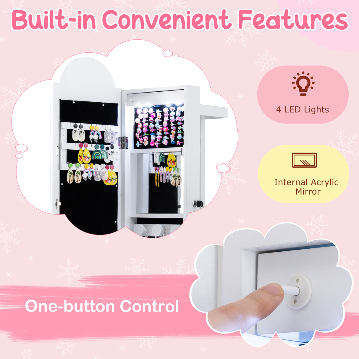 3 In 1 Kids Jewelry Cabinet Freestanding Jewelry Armoire with 3-Color Lighted Mirror