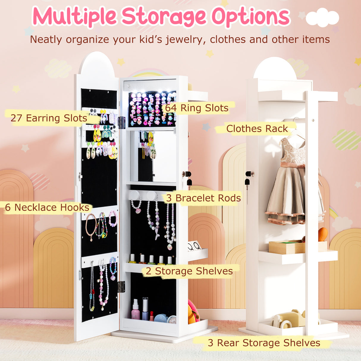 3 In 1 Kids Jewelry Cabinet Freestanding Jewelry Armoire with 3-Color Lighted Mirror