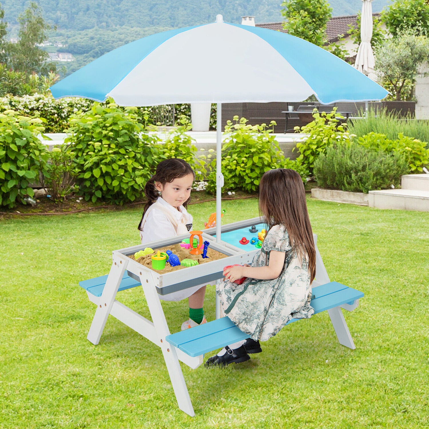 3-in-1 Kids Outdoor Picnic Water Sand Table with Umbrella Play Boxes