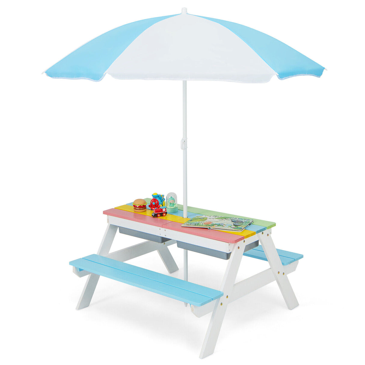 3-in-1 Kids Outdoor Picnic Water Sand Table with Umbrella Play Boxes