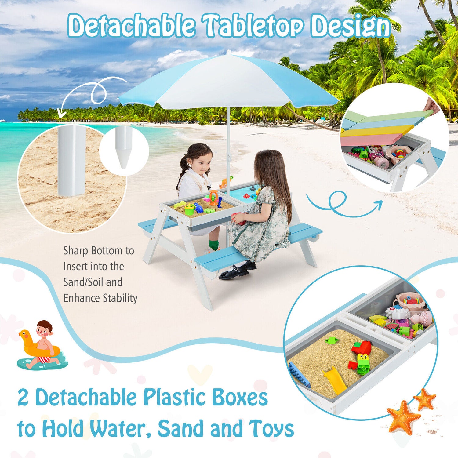 3-in-1 Kids Outdoor Picnic Water Sand Table with Umbrella Play Boxes