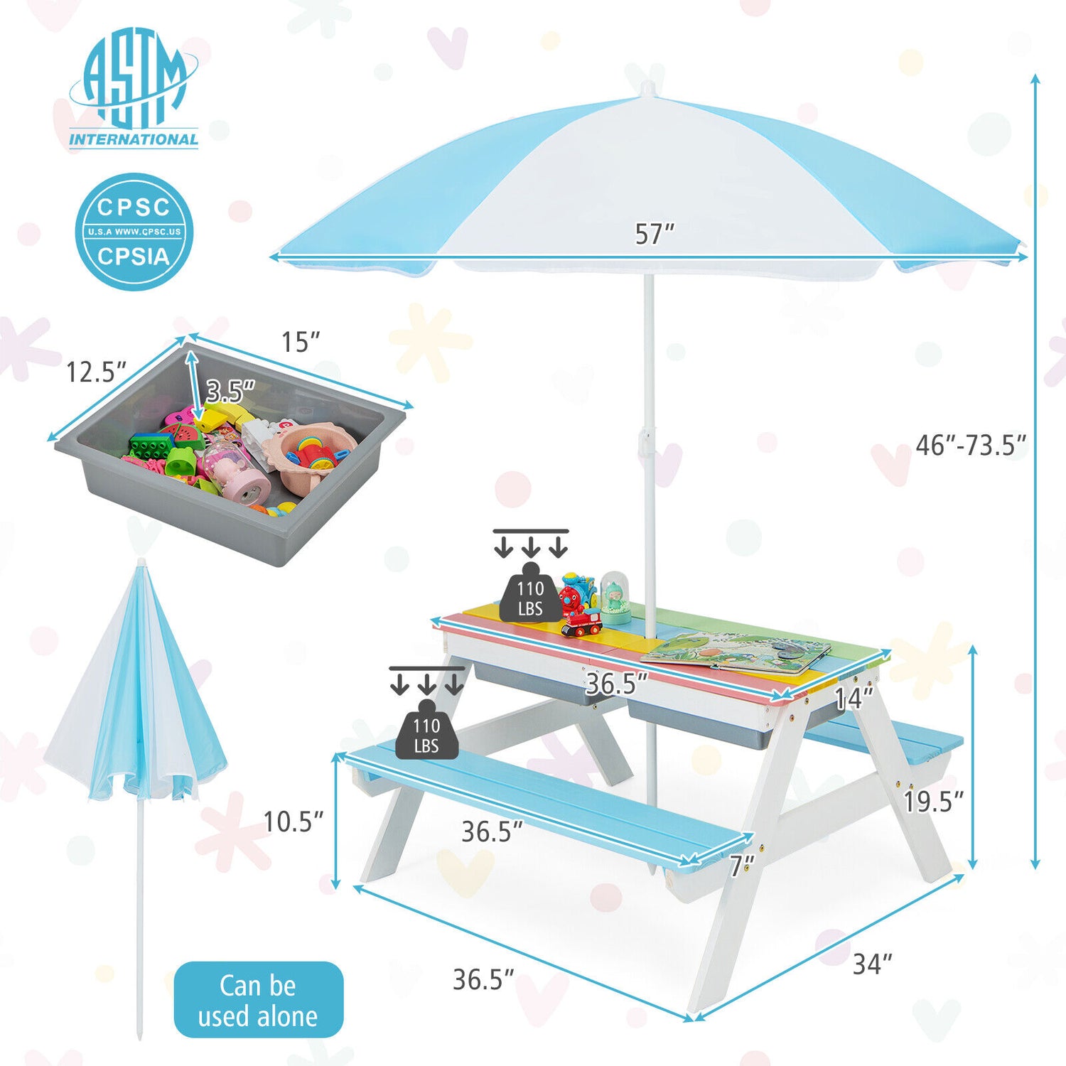 3-in-1 Kids Outdoor Picnic Water Sand Table with Umbrella Play Boxes