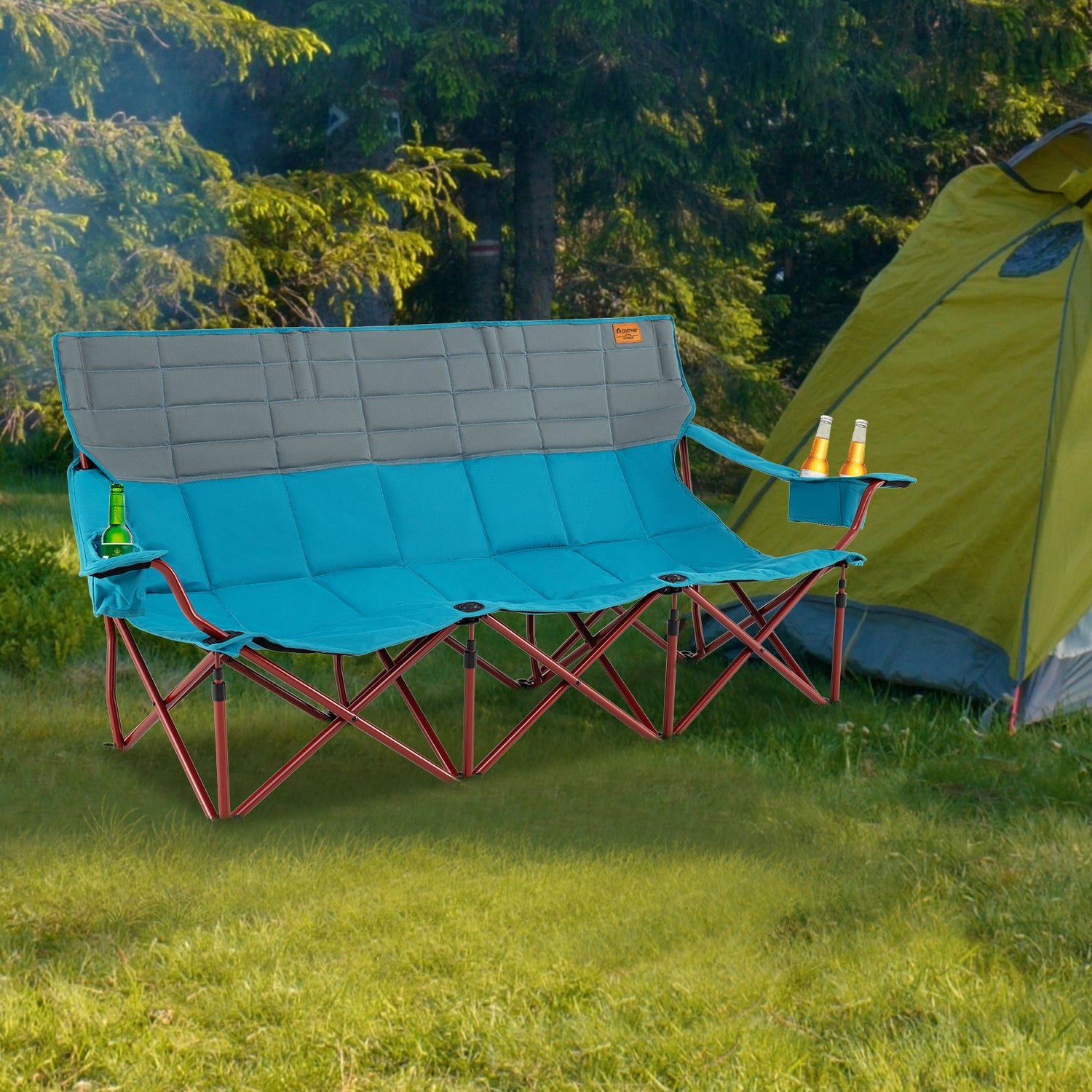 3 Person Folding Camping Chair with 2 Cup Holders Cotton Padding & Storage Bag