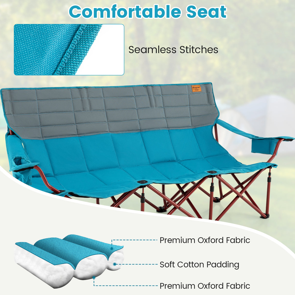 3 Person Folding Camping Chair with 2 Cup Holders Cotton Padding & Storage Bag