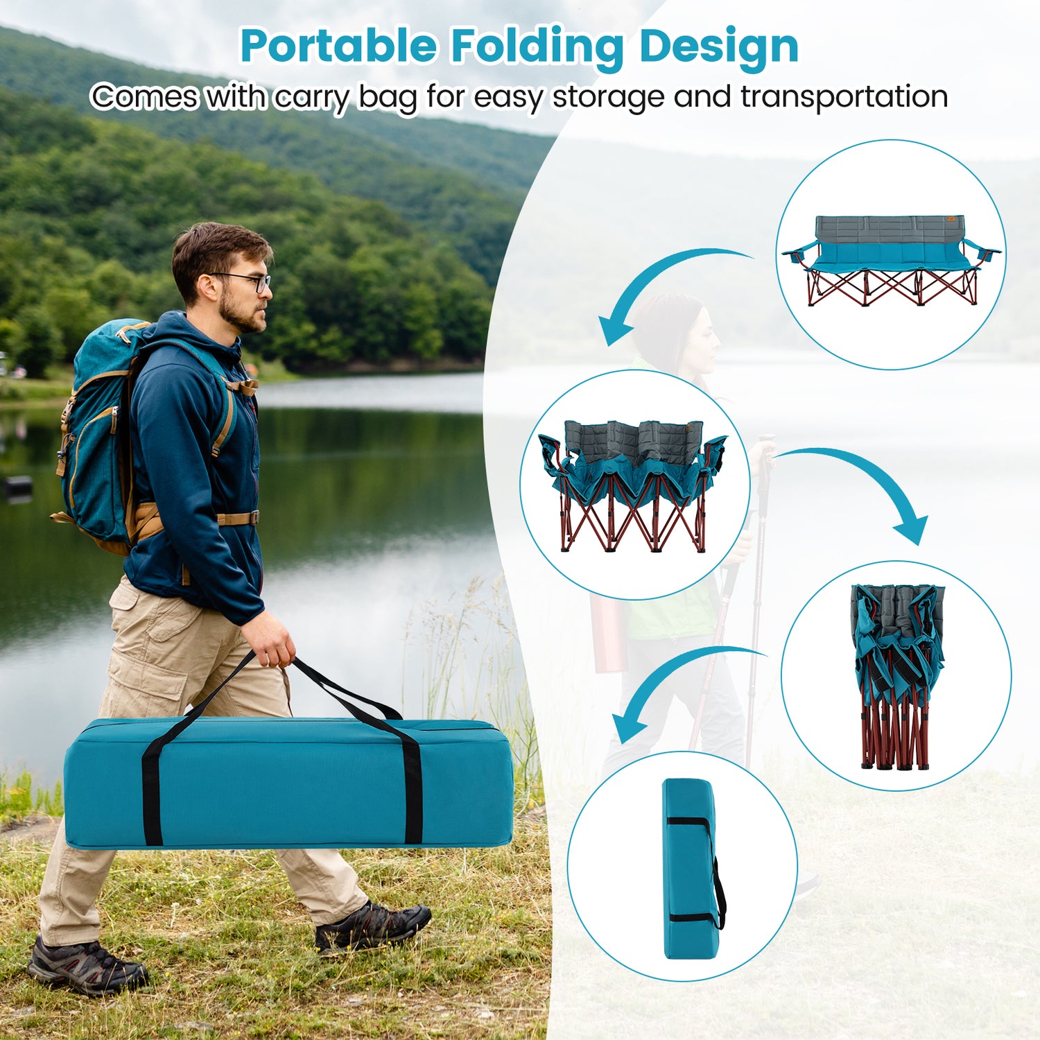 3 Person Folding Camping Chair with 2 Cup Holders Cotton Padding & Storage Bag
