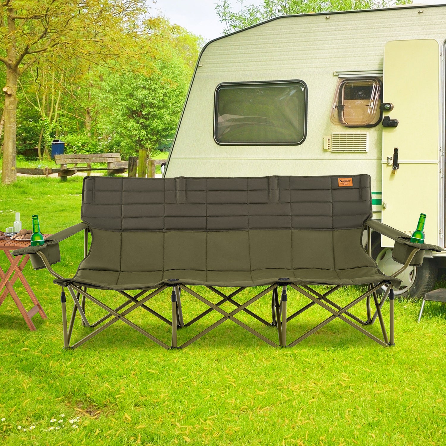 3 Person Folding Camping Chair with 2 Cup Holders Cotton Padding & Storage Bag