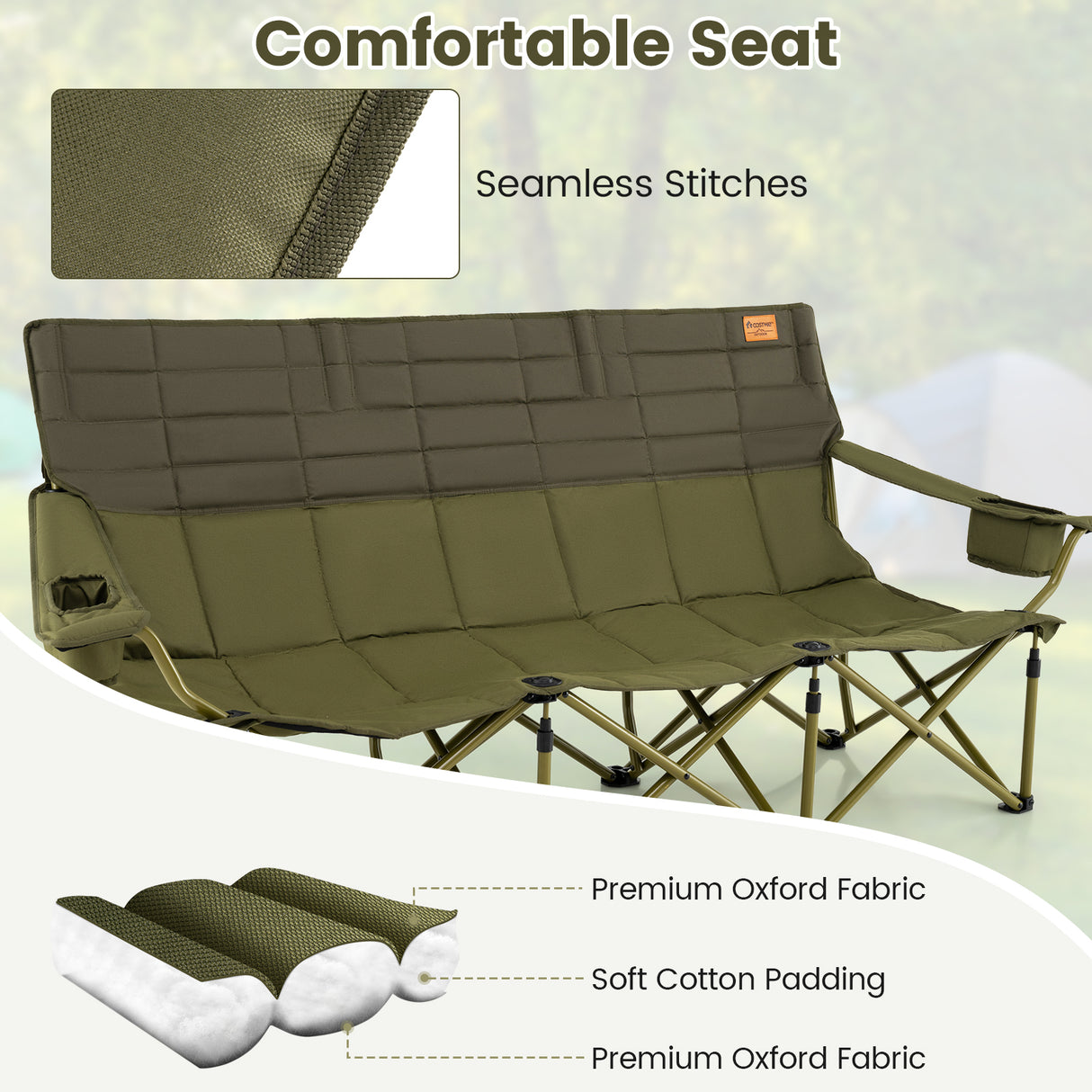 3 Person Folding Camping Chair with 2 Cup Holders Cotton Padding & Storage Bag