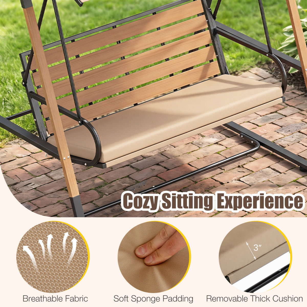 3-Person Porch Swing  Outdoor Swing with Adjustable Canopy