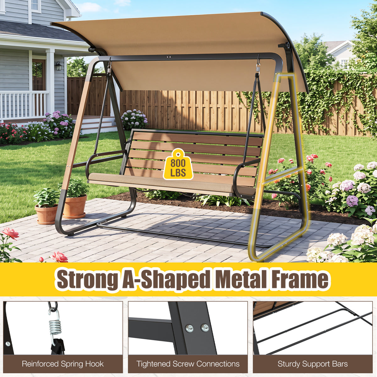3-Person Porch Swing  Outdoor Swing with Adjustable Canopy