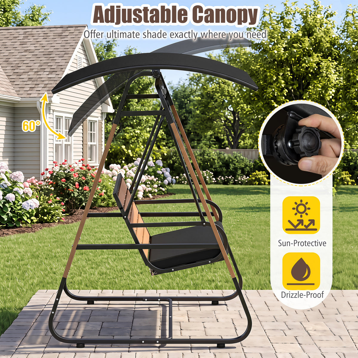 3-Person Porch Swing  Outdoor Swing with Adjustable Canopy