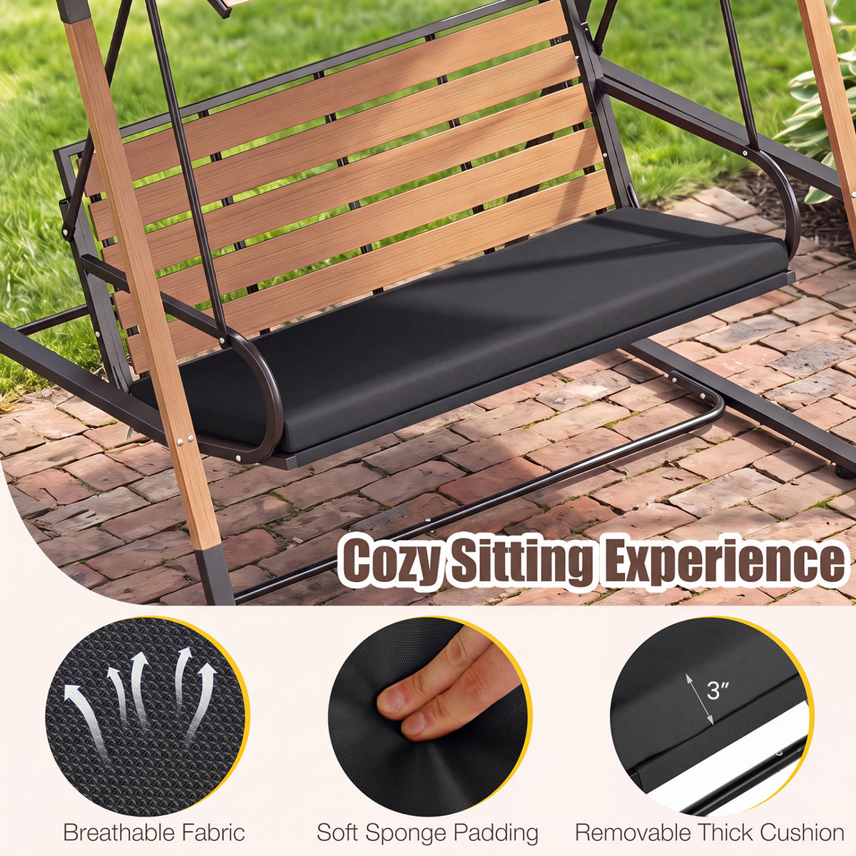 3-Person Porch Swing  Outdoor Swing with Adjustable Canopy