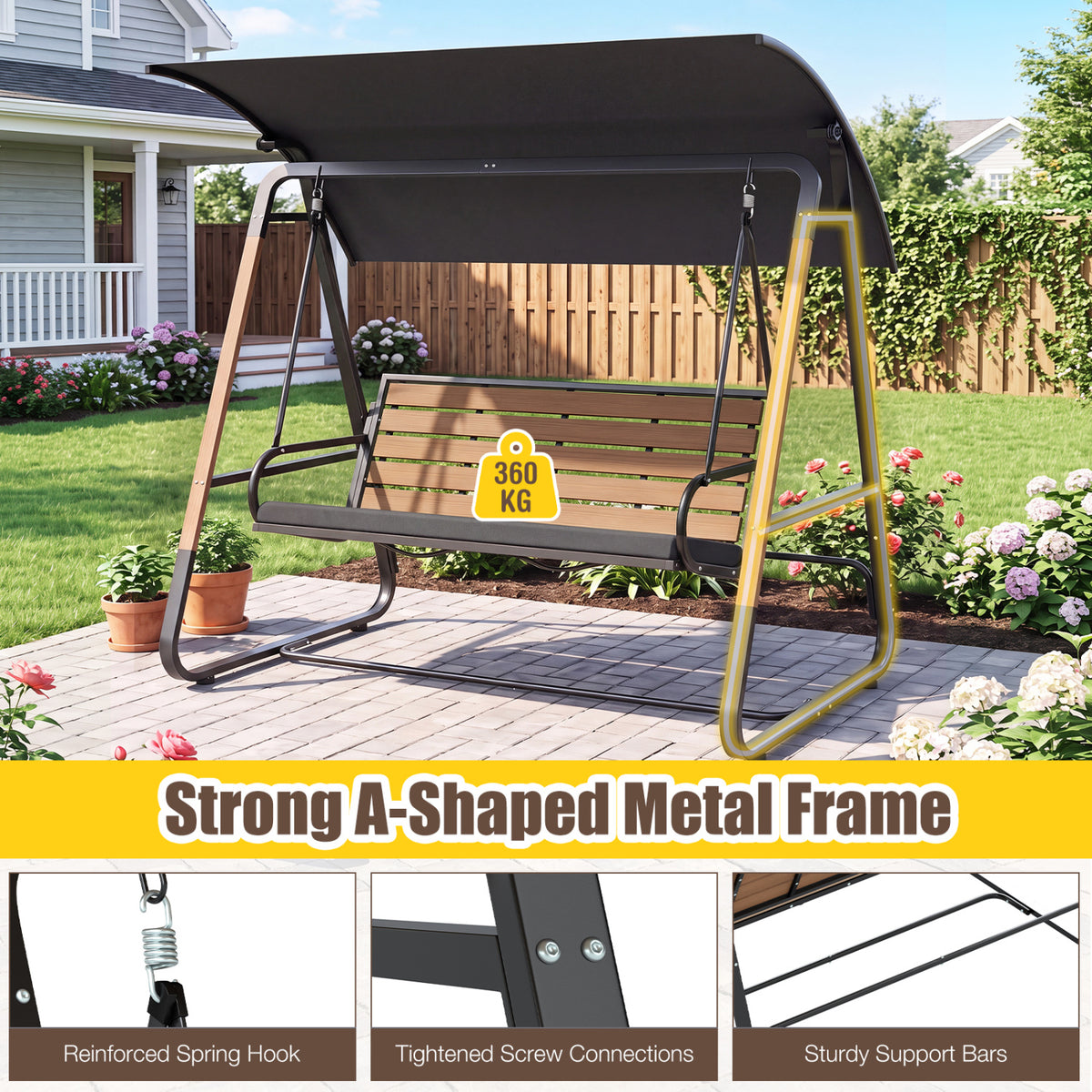 3-Person Porch Swing  Outdoor Swing with Adjustable Canopy