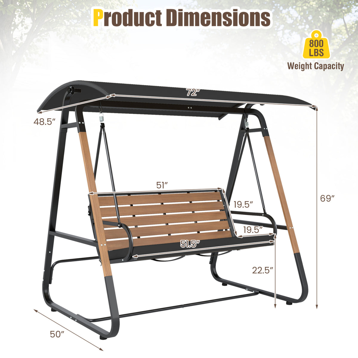 3-Person Porch Swing  Outdoor Swing with Adjustable Canopy