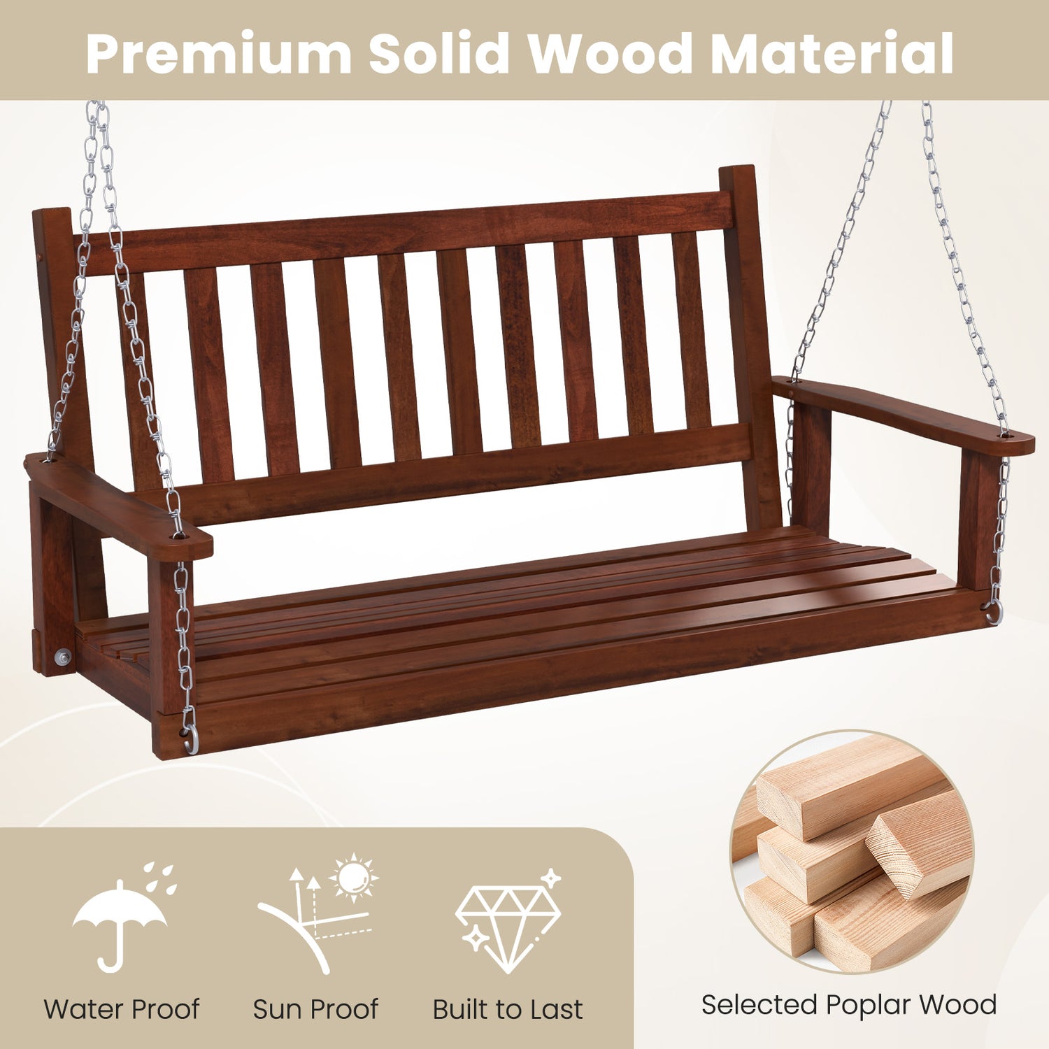 3-Person Wooden Outdoor Porch Swing with 800 lbs Weight Capacity