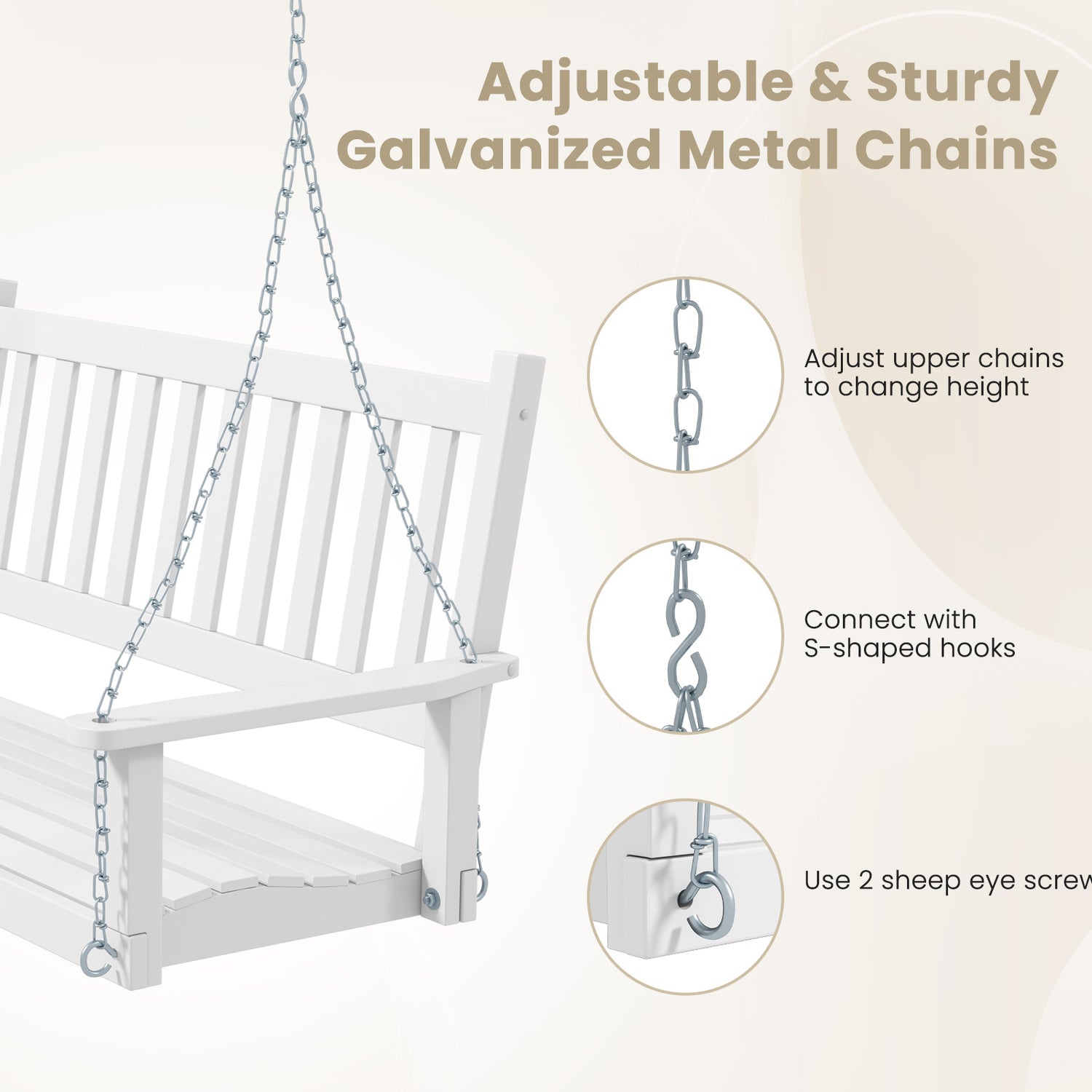 3-Person Wooden Outdoor Porch Swing with 800 lbs Weight Capacity