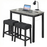 3-Piece Bar Table Set with Charging Station and Faux Marble Top