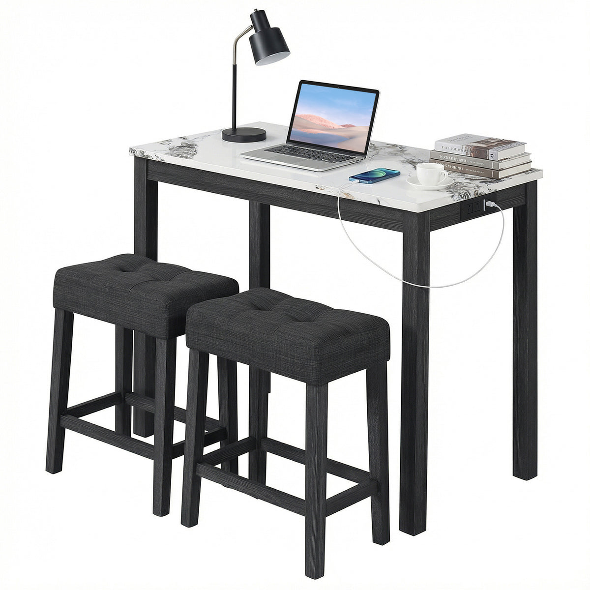 3-Piece Bar Table Set with Charging Station and Faux Marble Top