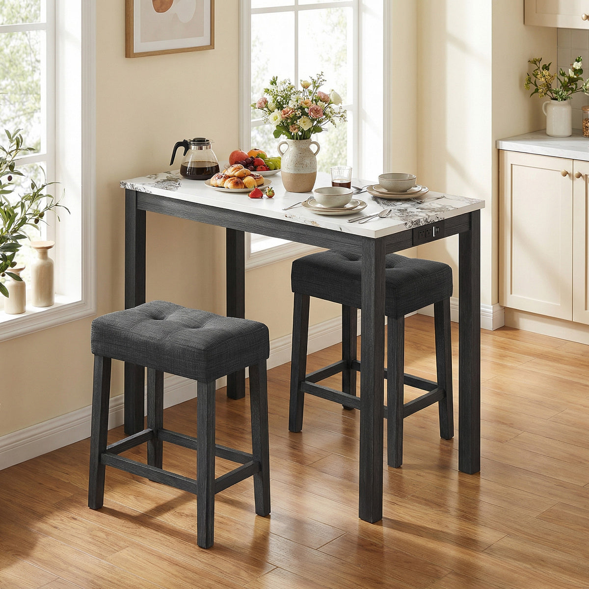 3-Piece Bar Table Set with Charging Station and Faux Marble Top