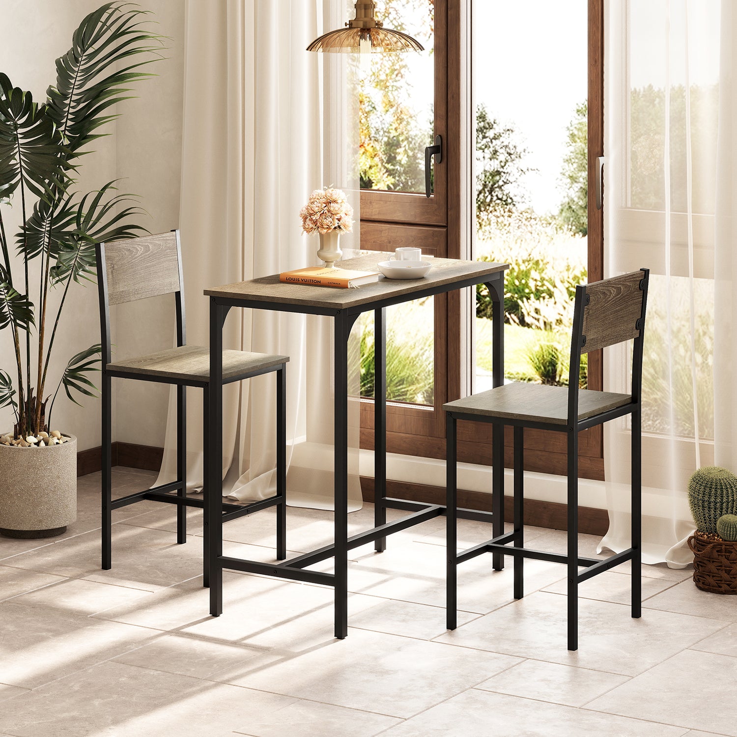 3 Piece Bar Table Set with Backrest and Footrest for Small Space