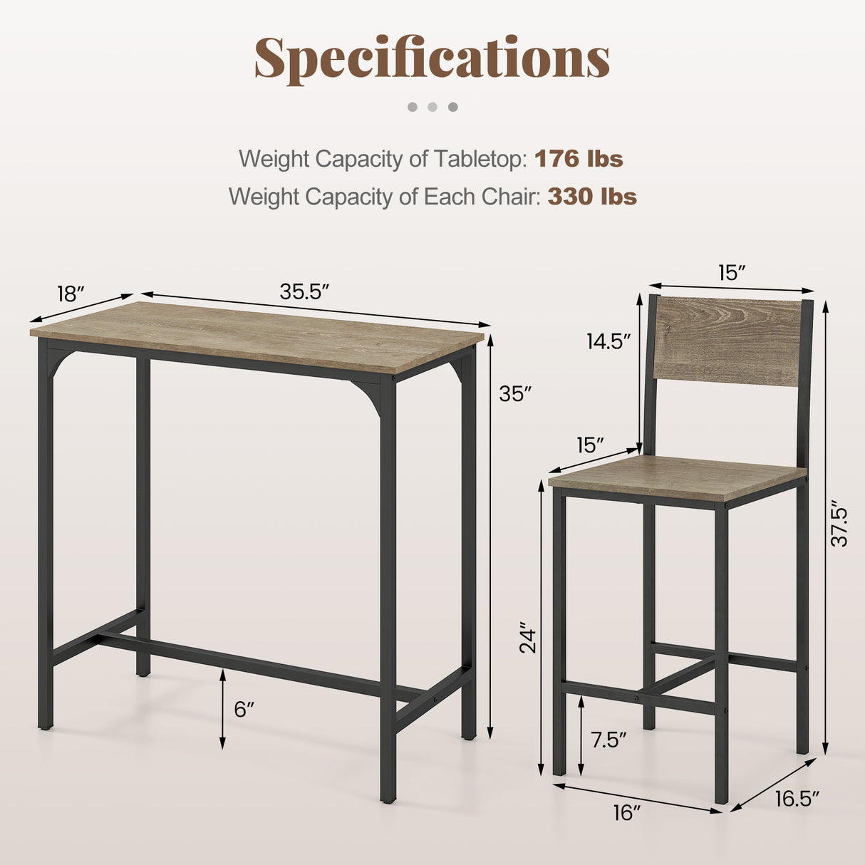 3 Piece Bar Table Set with Backrest and Footrest for Small Space