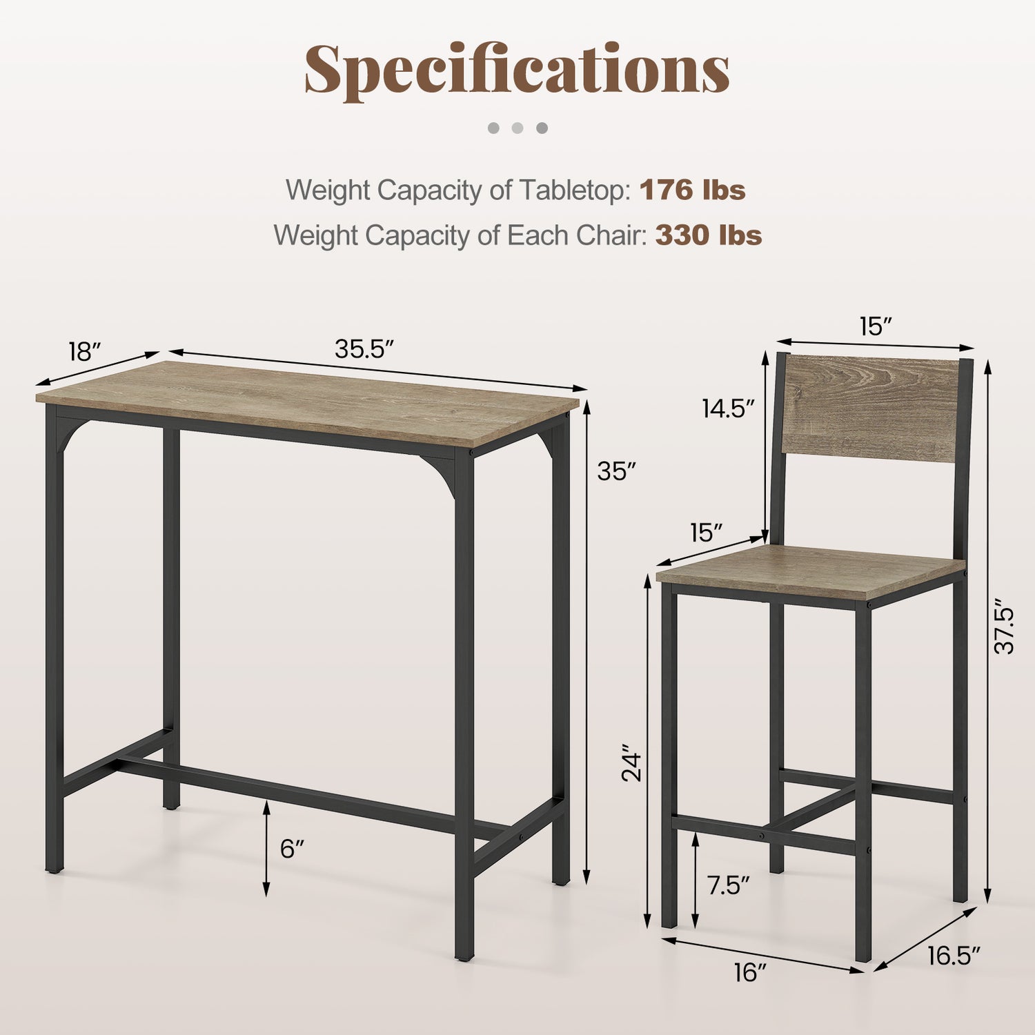 3 Piece Bar Table Set with Backrest and Footrest for Small Space