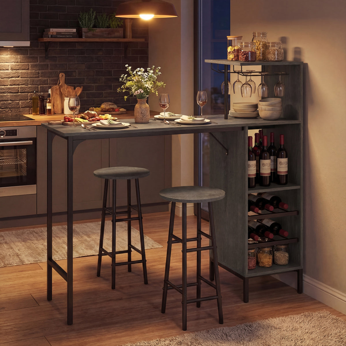 3 Piece Bar Table and Chairs Set with 6-Bottle Wine Rack