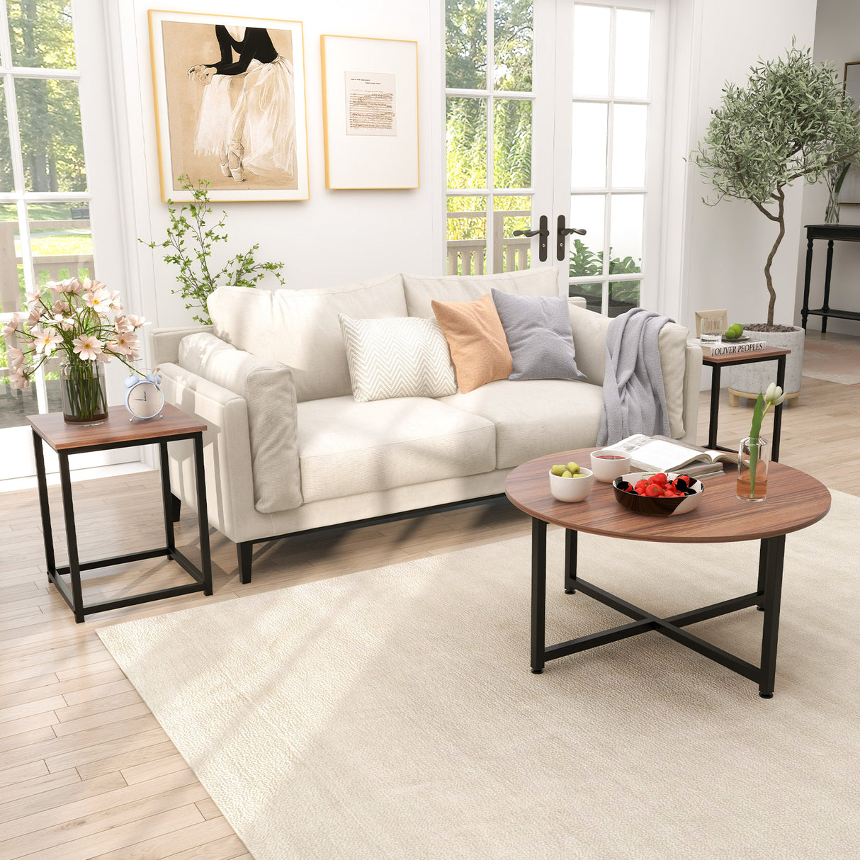 3-Piece Coffee Table Set Round Coffee Table and 2PCS Square End Tables
