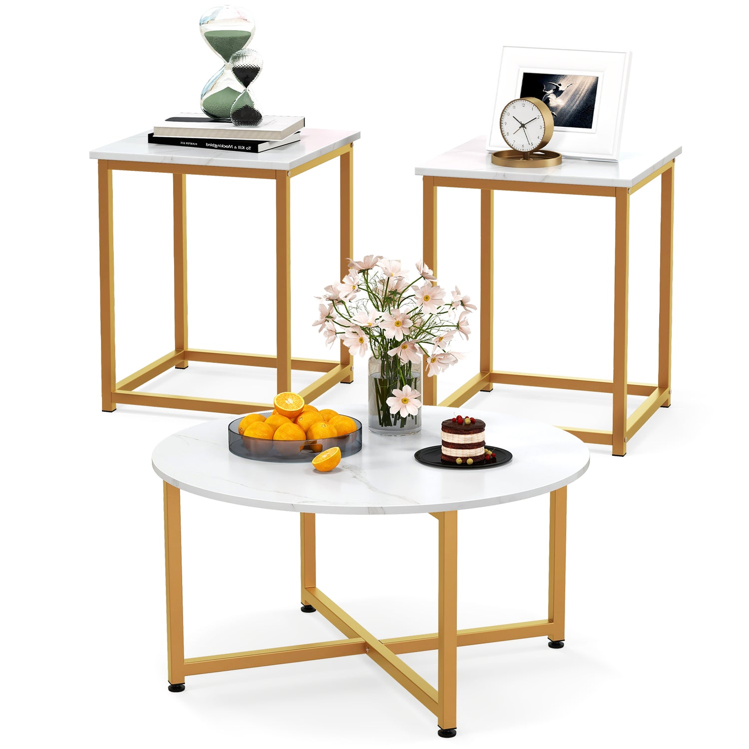 3-Piece Coffee Table Set Round Coffee Table and 2PCS Square End Tables