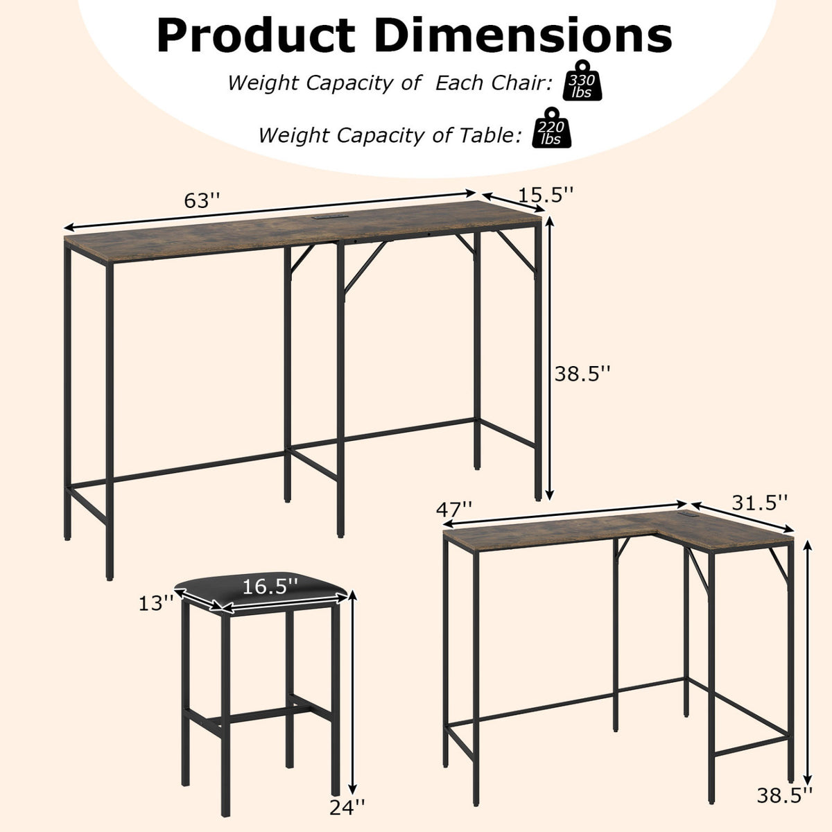 3-Piece Convertible L-Shaped Kitchen Table Chair Set with 2 AC Outlets  USB Port and Type-C Port