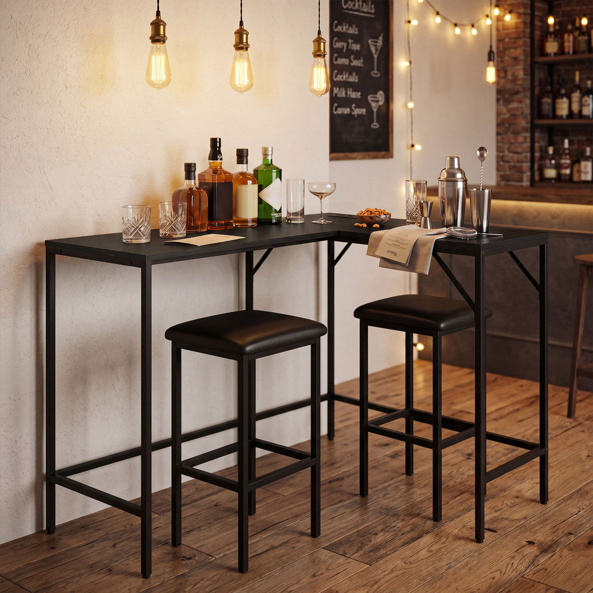 3-Piece Convertible L-Shaped Kitchen Table Chair Set with 2 AC Outlets  USB Port and Type-C Port