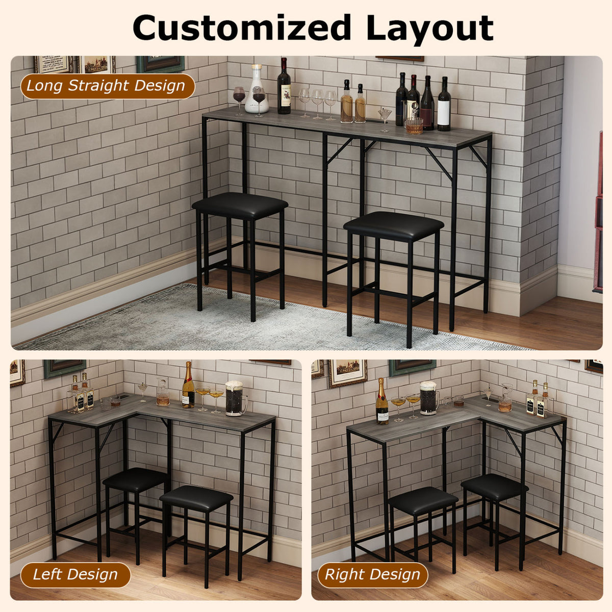 3-Piece Convertible L-Shaped Kitchen Table Chair Set with 2 AC Outlets  USB Port and Type-C Port