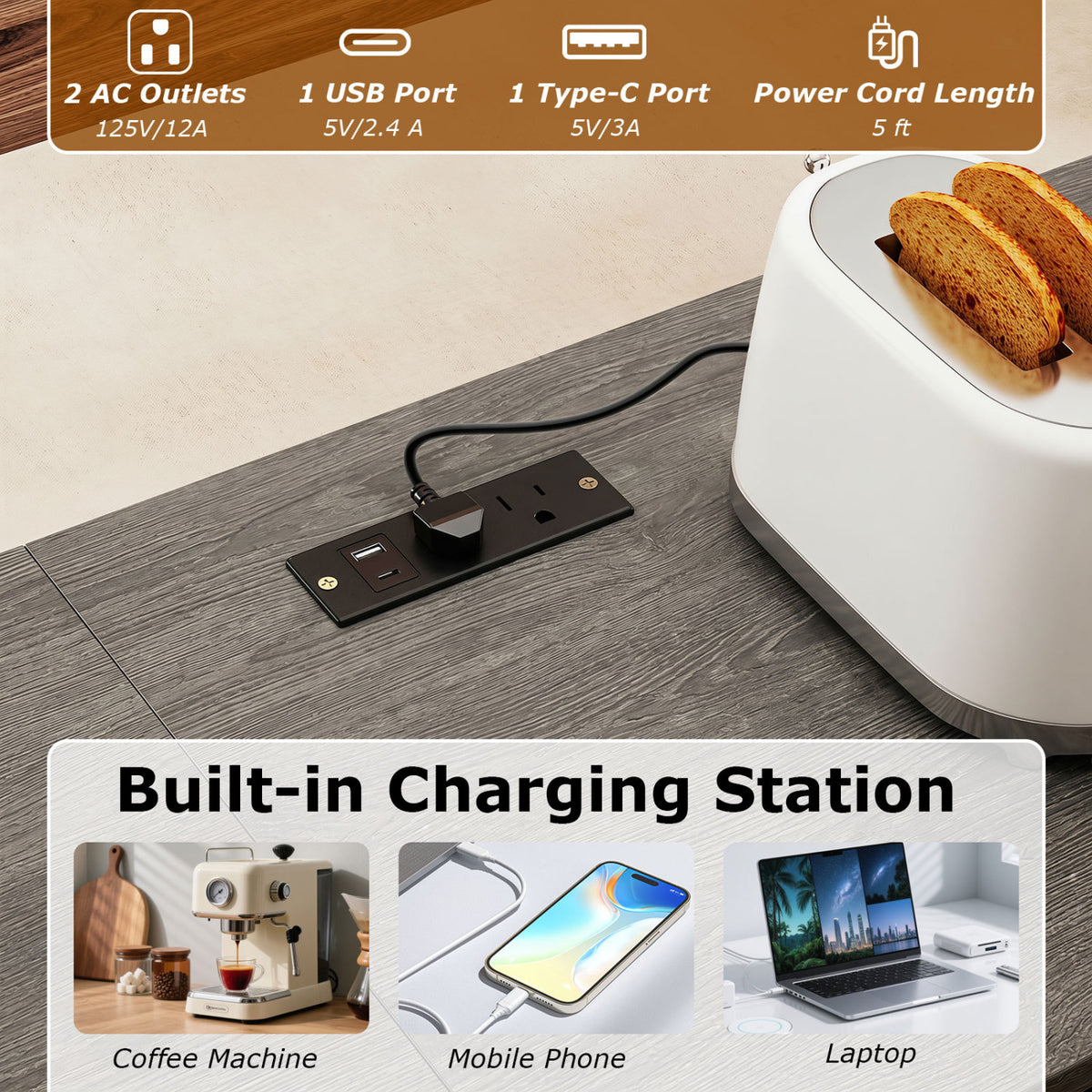 3-Piece Convertible L-Shaped Kitchen Table Chair Set with 2 AC Outlets  USB Port and Type-C Port