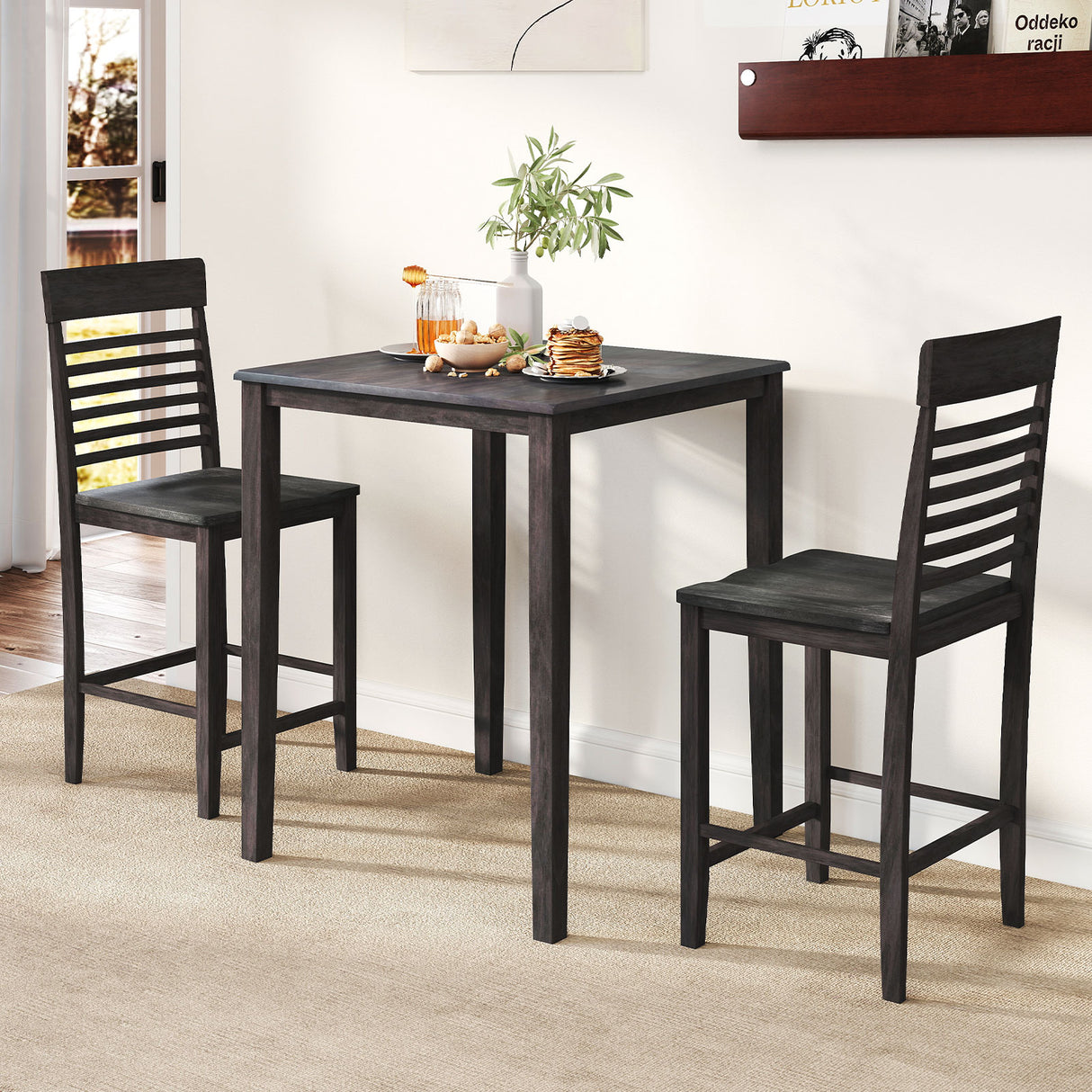 3-Piece Counter-Height Dining Table Set for 2 with Rubber Wood Frame and Footrest