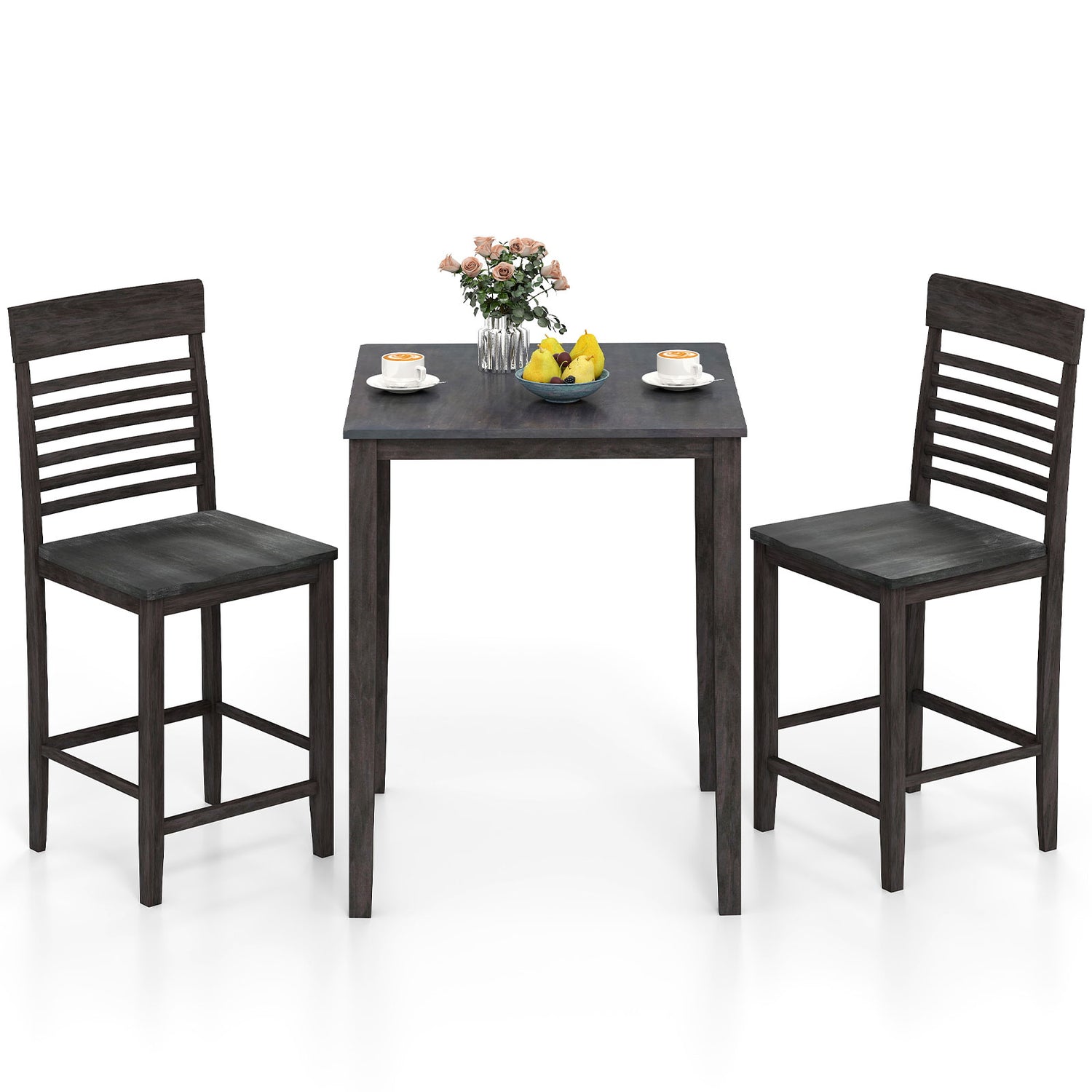 3-Piece Counter-Height Dining Table Set for 2 with Rubber Wood Frame and Footrest