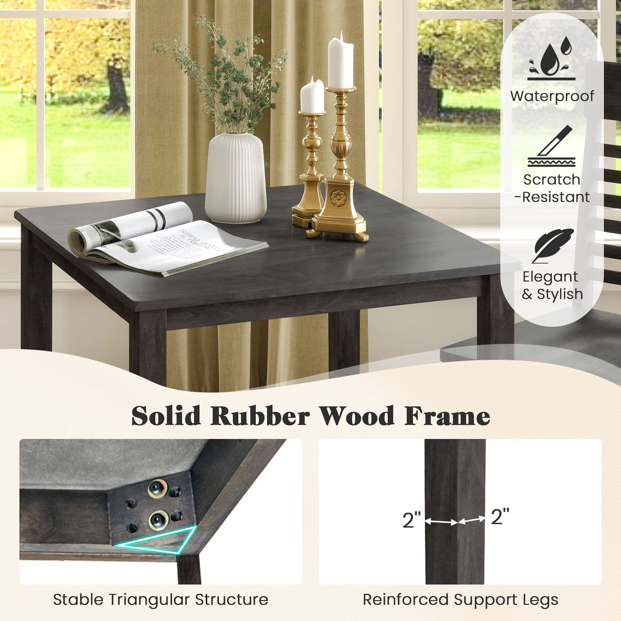 3-Piece Counter-Height Dining Table Set for 2 with Rubber Wood Frame and Footrest